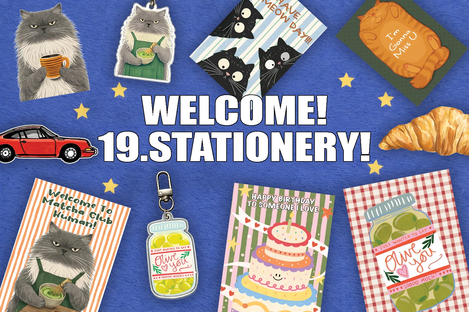 Banner chào mừng 19.Stationery với các sản phẩm postcard mèo, móc khoá và sticker thật của shop